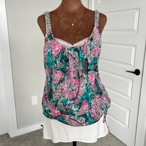 INC International Concepts Pink Teal Pattern Embellished Rhinestone Straps L